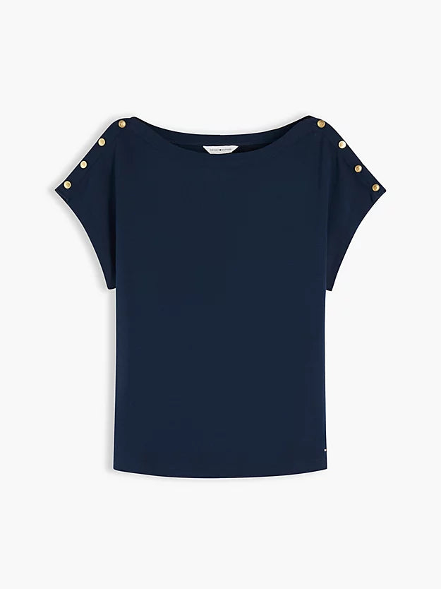 Gold-Tone Button Boat Neck T-Shirt