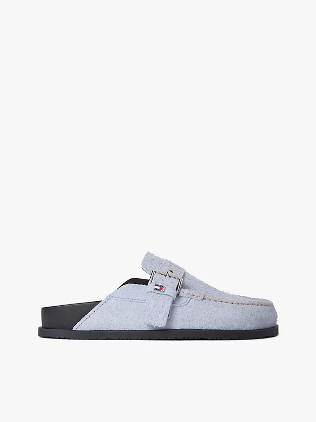 Textured Suede Buckle Mules