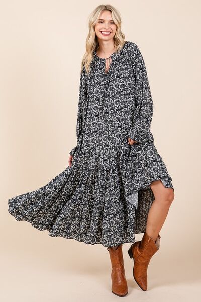 Robe midi à imprimé, col lavallière et manches volantées Mittoshop