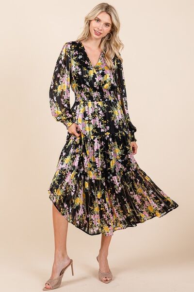 Mittoshop Blumenprint Satin Lurex Streifen Smocked Midikleid