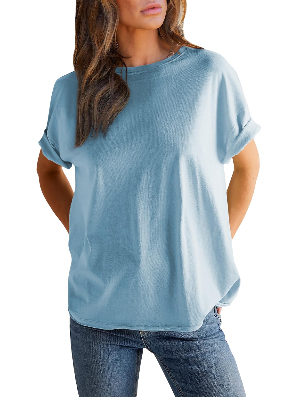 T-shirt Femme Col Rond Manches Courtes Couleur Unie (Achetez 2 pour la livraison gratuite)