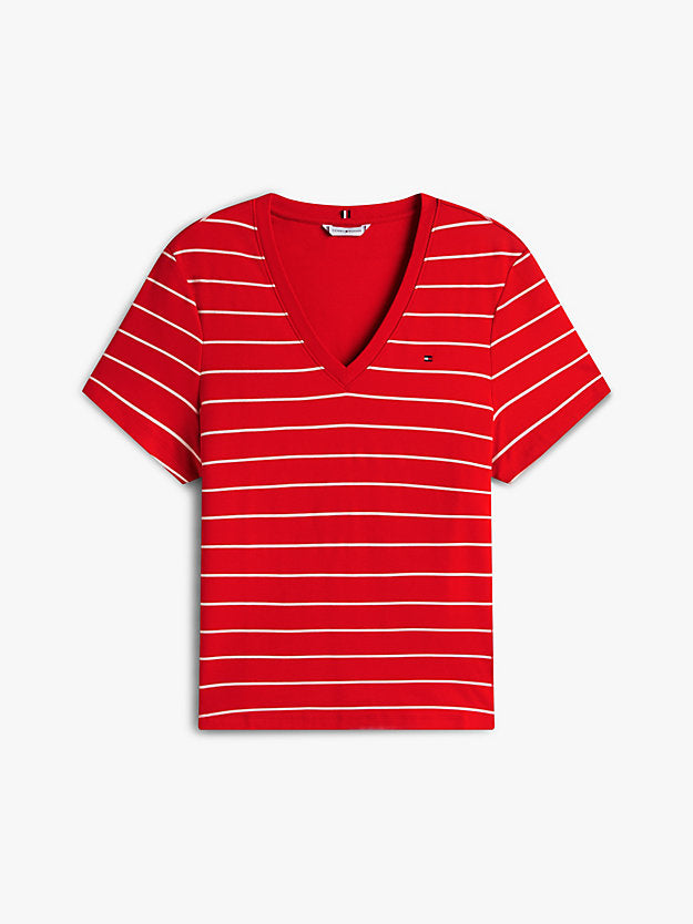 Curve Flag Embroidery V-Neck Slim T-Shirt