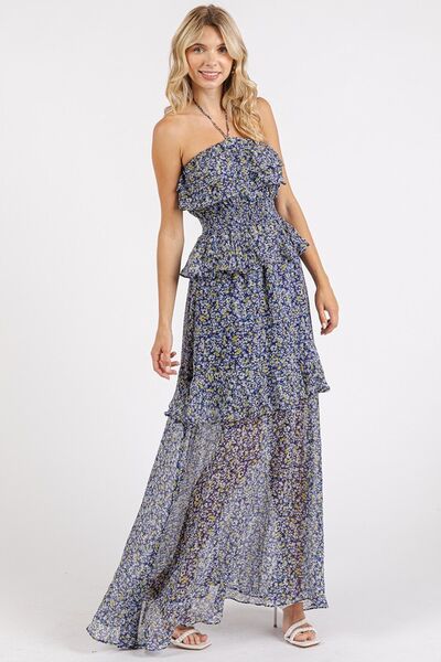 Robe longue à fleurs avec dos nu et smocks volantés Mittoshop
