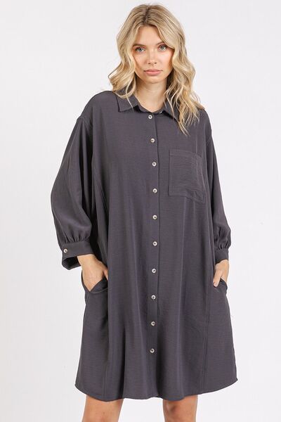 Mini-robe chemise boutonnée à manches 3/4 en tissu aérien Mittoshop