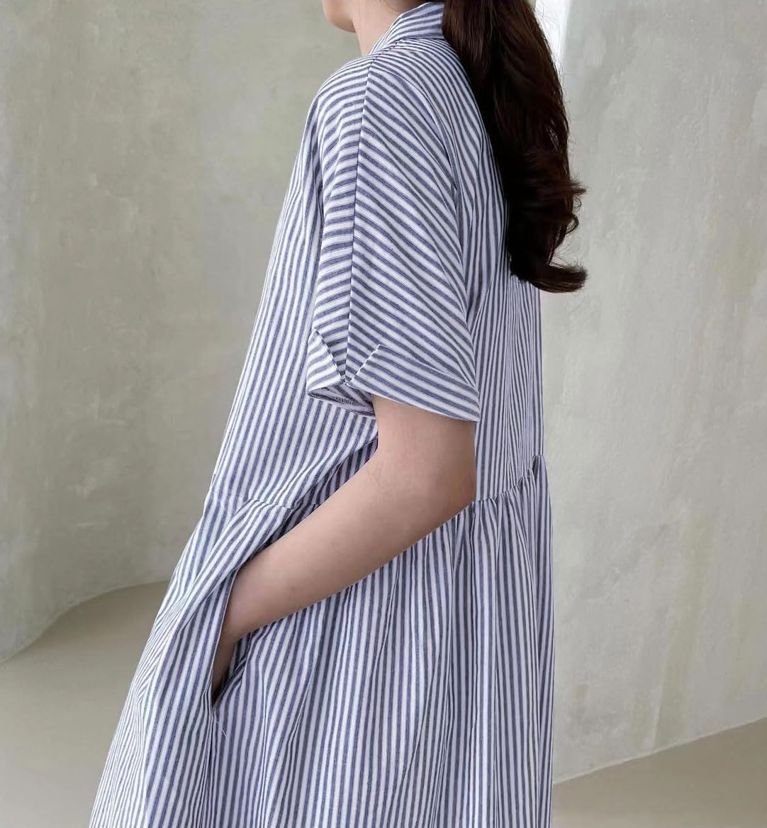 Robe chemise longue mi-longue en coton rayée à manches courtes avec poches pour femme (achetez 2, la livraison est gratuite)