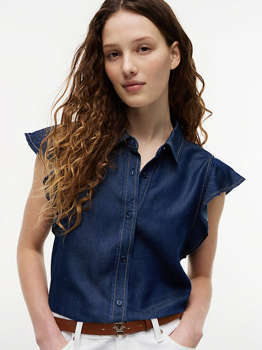 Regular Ruffle Cap Sleeve Denim Shirt