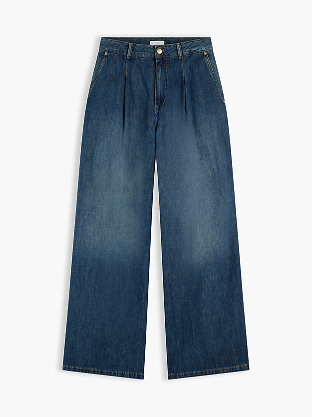 Pleated Mid Rise Wide Leg Jeans