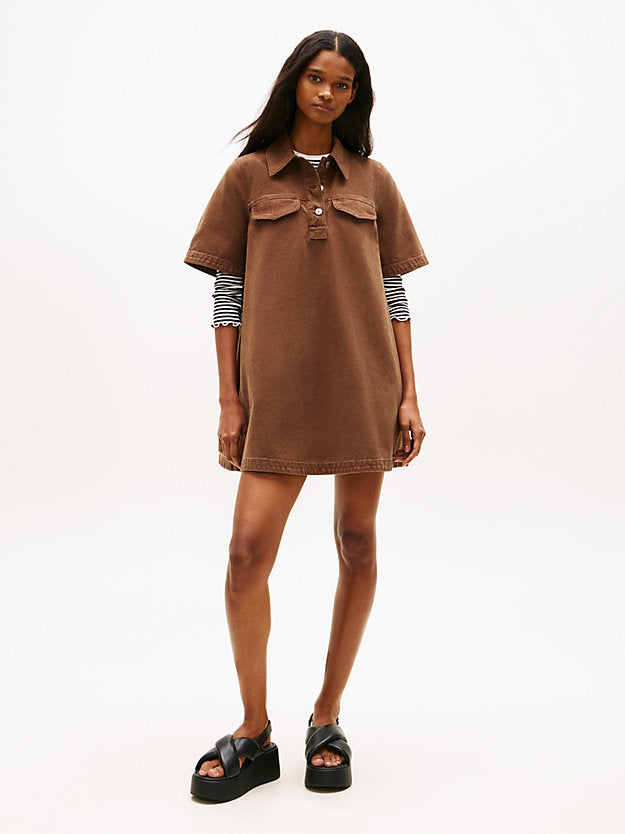 Washed Canvas Mini Short Sleeve Shirt Dress