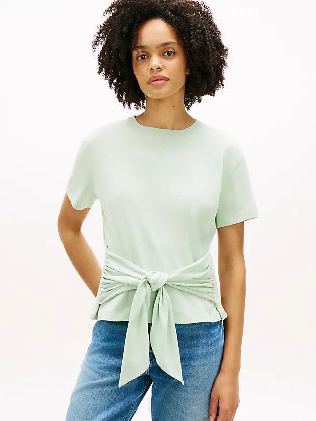 Self-Tie Textured Relaxed Crew Neck T-Shirt