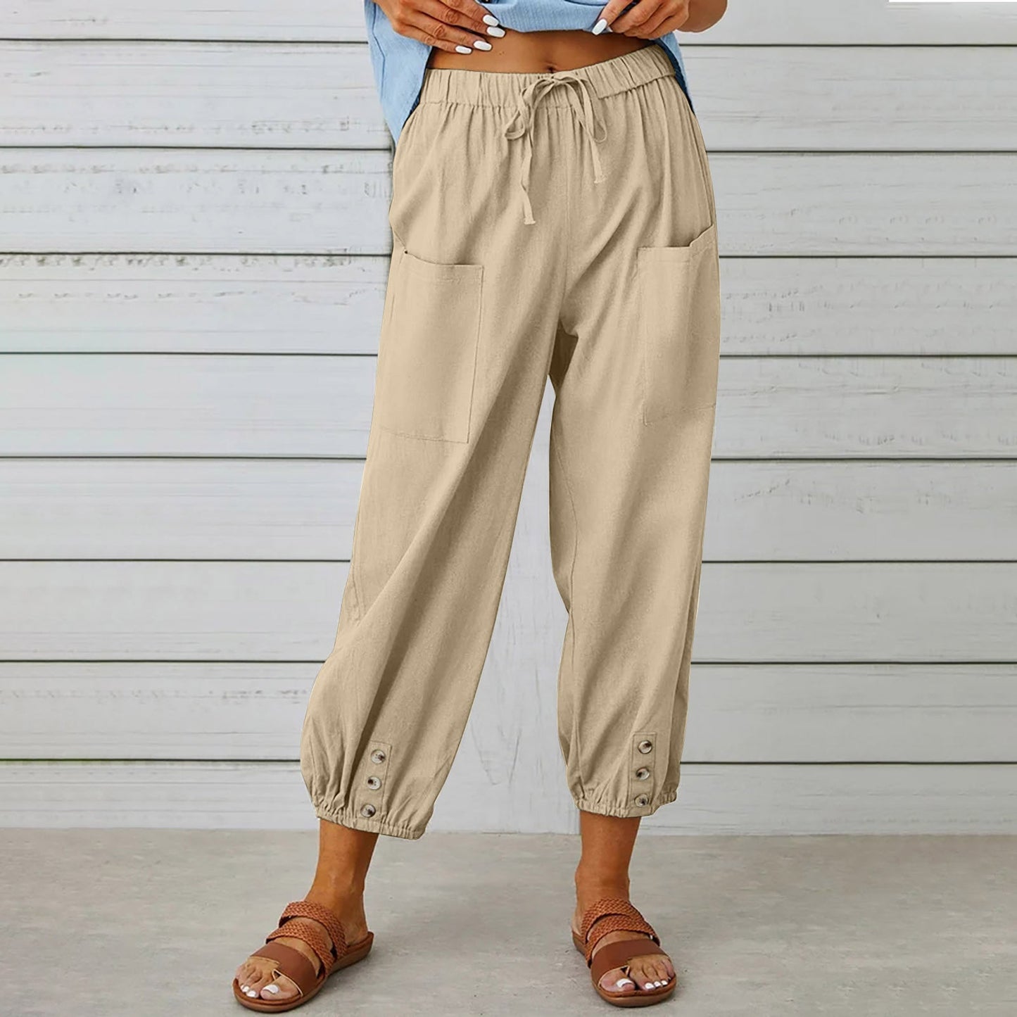 Damenhosen High-Waist-Hose mit Knopfleiste aus Baumwolle und Hanf Dreiviertelhose weites Bein