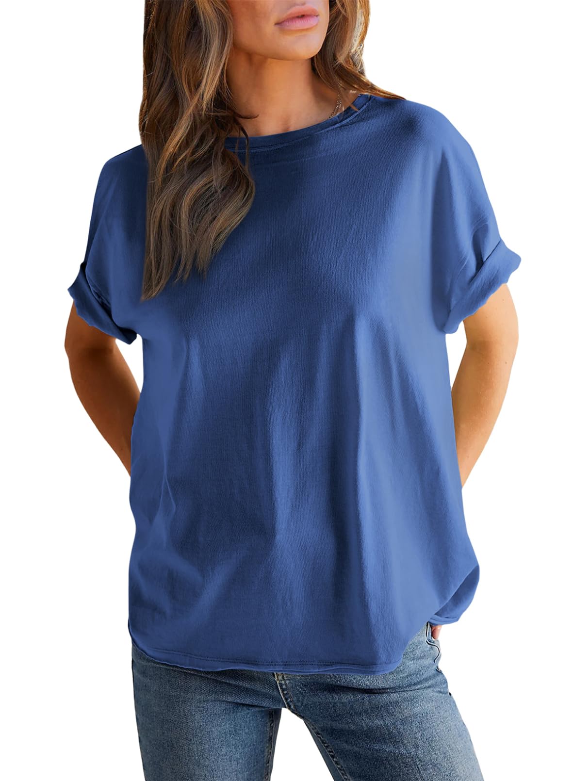 T-shirt Femme Col Rond Manches Courtes Couleur Unie (Achetez 2 pour la livraison gratuite)