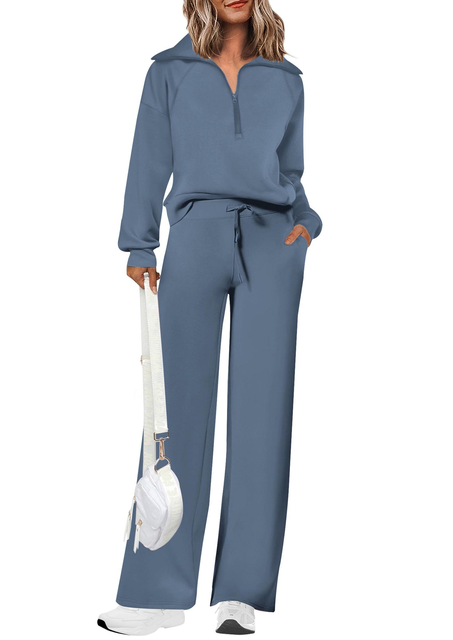 Ensembles deux pièces en coton pour femmes, sweat-shirt à col revers et demi-zip, pantalon de survêtement large, tenue décontractée