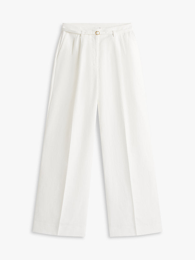 Linen Blend Belted Wide Leg Trousers