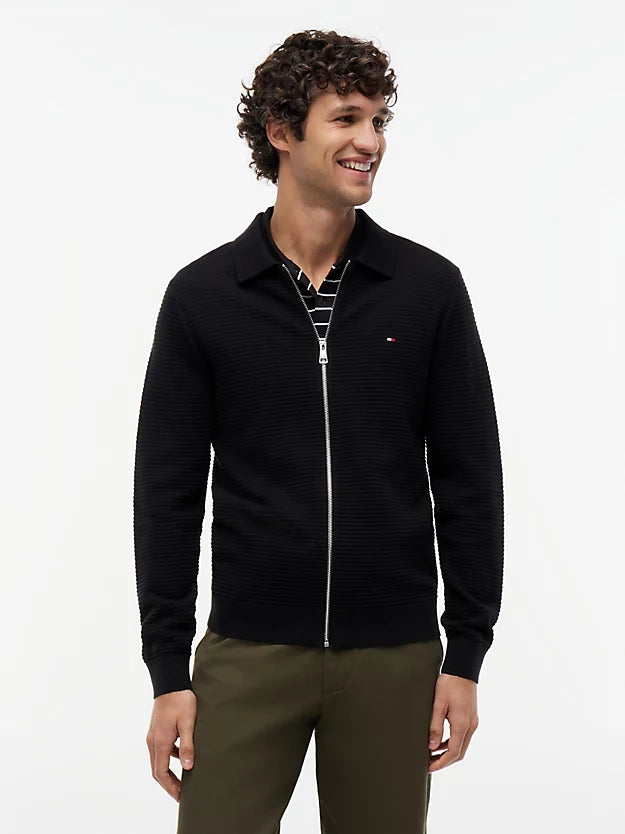 Textured Knit Zip-Thru Polo Cardigan