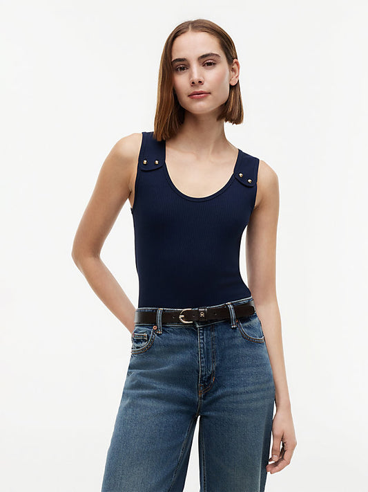 Gold-Tone Button Ribbed Tank Top