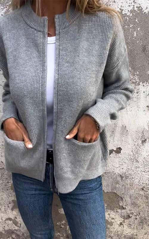 Räumungsverkauf🔥 Strickjacke mit Rundhalsausschnitt und Reißverschluss