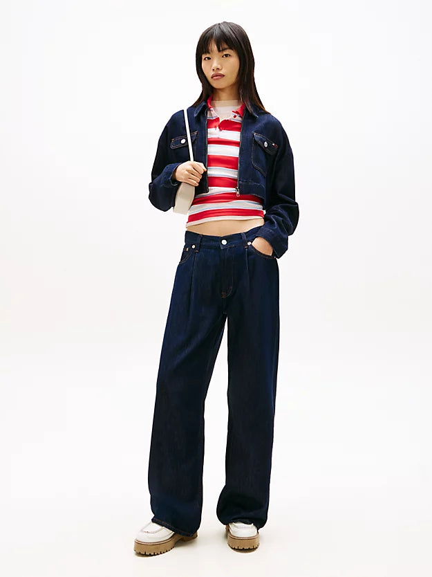 Pleated Mid Rise Loose Straight Leg Jeans