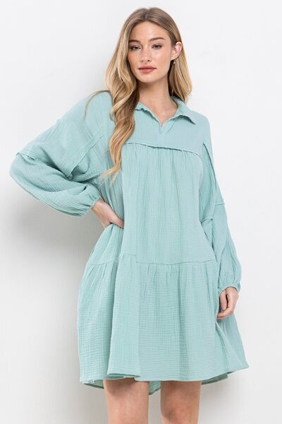 Ces Femme Johnny Collar Ballonärmel Minikleid