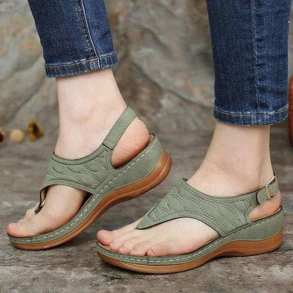 Sandales compensées orthopédiques brodées confortables, sandales de marche en cuir