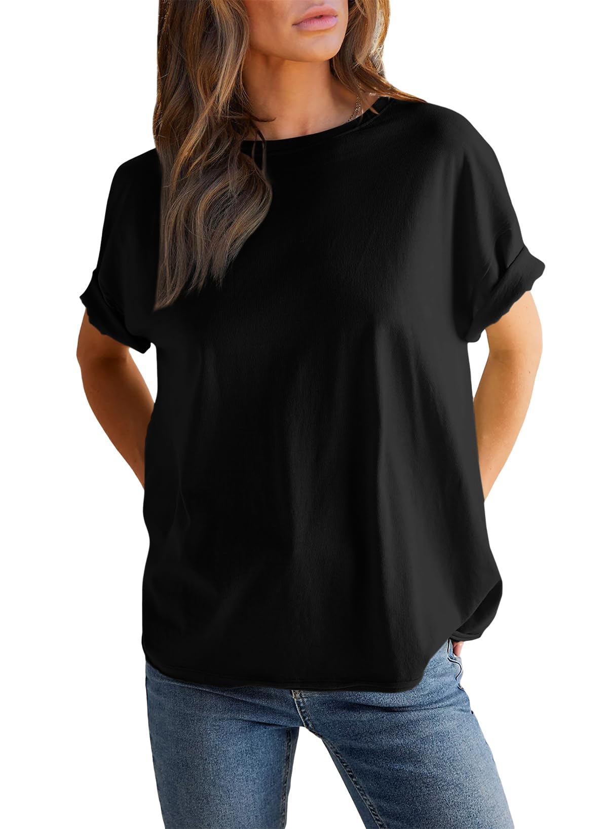 T-shirt Femme Col Rond Manches Courtes Couleur Unie (Achetez 2 pour la livraison gratuite)