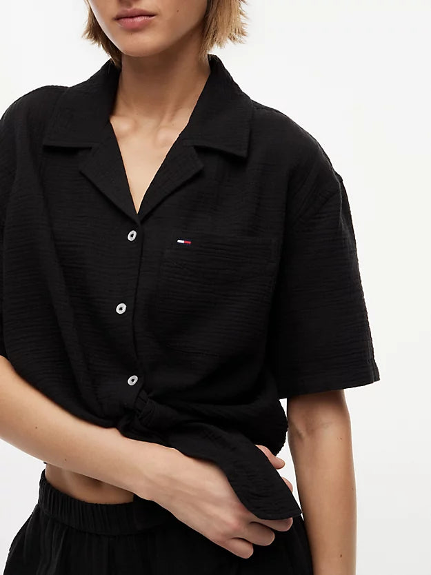 Crinkle Tie Front Short Sleeve Shirt