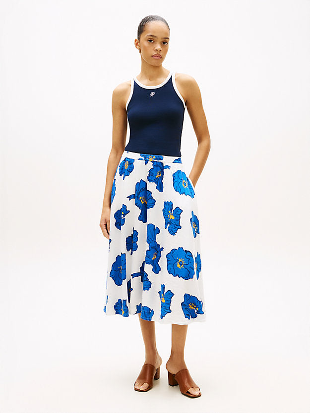 Pleated Linen Blend Midi A-Line Skirt