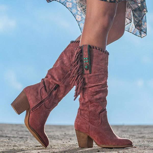 Damen High Heel Blockabsatz Vintage Fransenstiefel