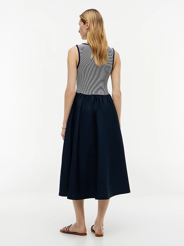 Gold-Tone Button Slim Mixed Midi Dress