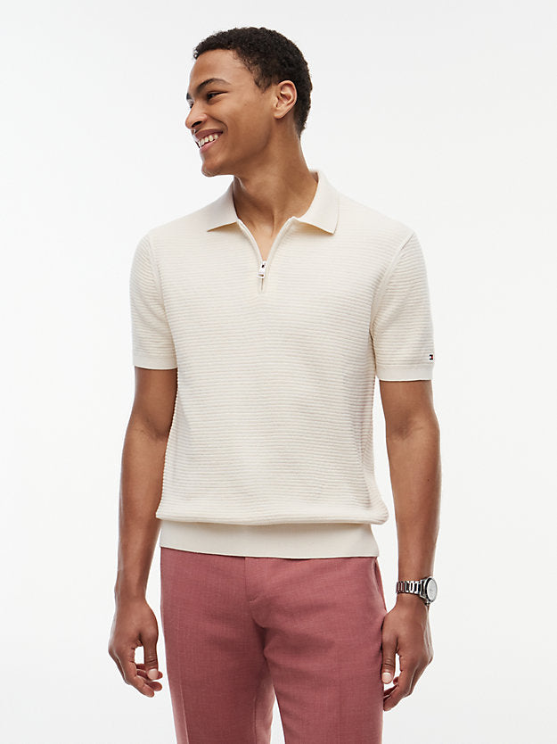 Regular Fit Textured Knit Zip Polo Shirt