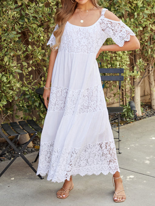 Robe longue à épaules dénudées avec broderie florale en dentelle