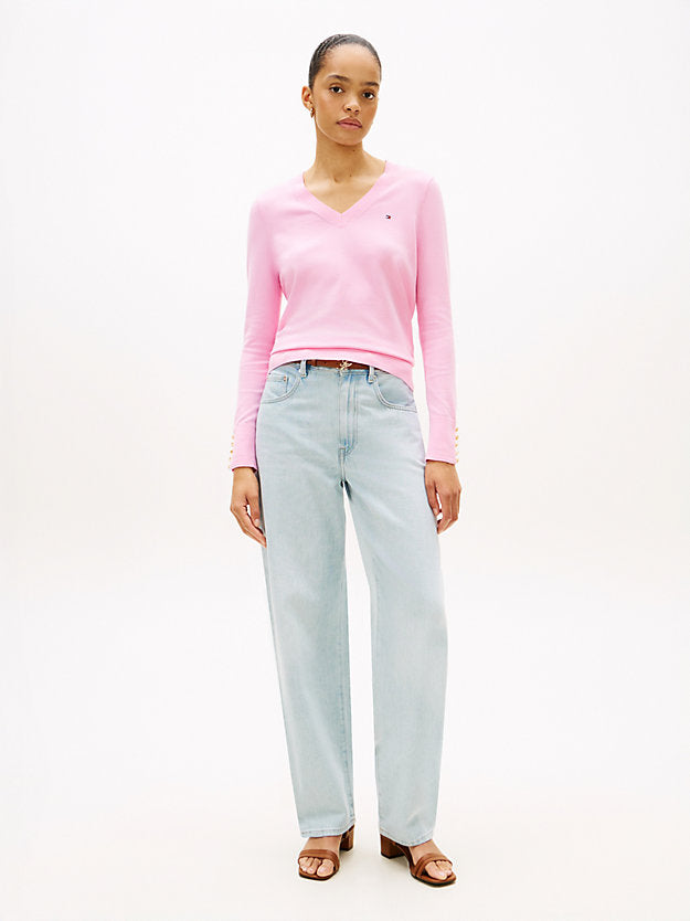 Gold-Tone Button Cuff V-Neck Jumper