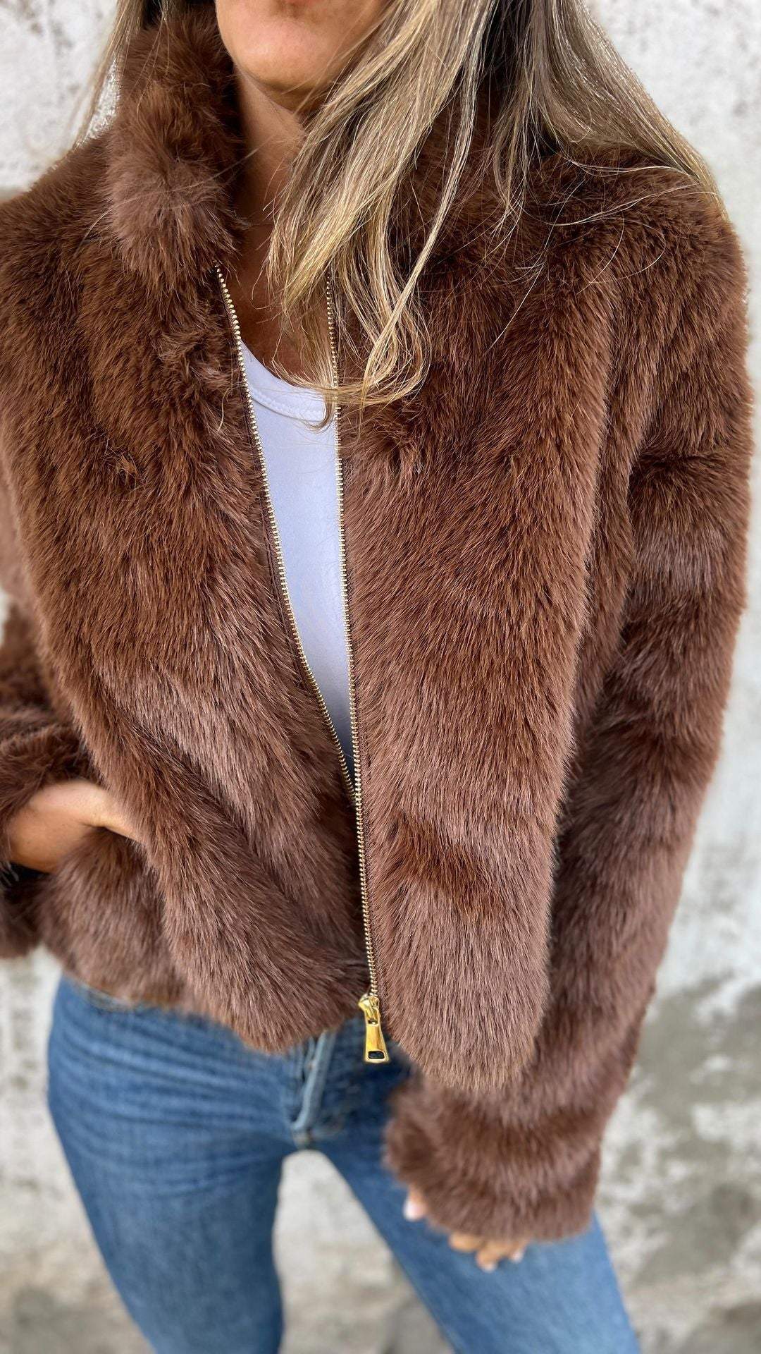 Veste décontractée zippée en fausse fourrure à col montant pour femme