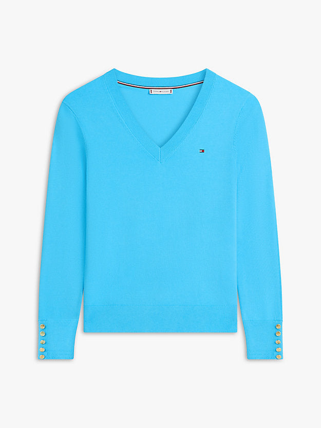 Gold-Tone Button Cuff V-Neck Jumper