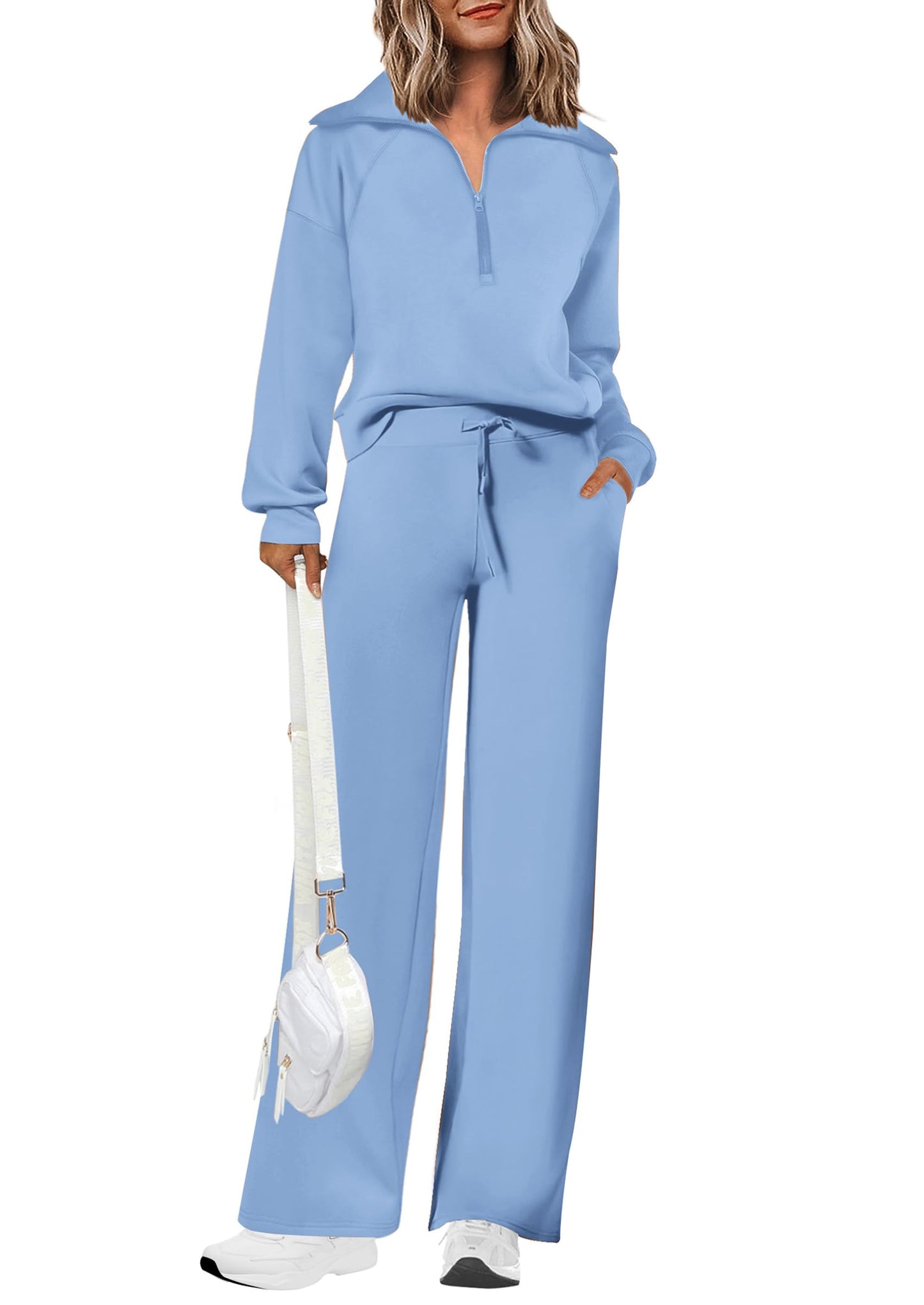Ensembles deux pièces en coton pour femmes, sweat-shirt à col revers et demi-zip, pantalon de survêtement large, tenue décontractée
