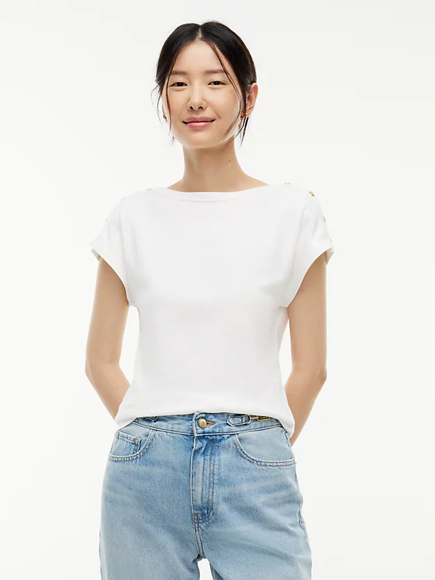 Gold-Tone Button Boat Neck T-Shirt