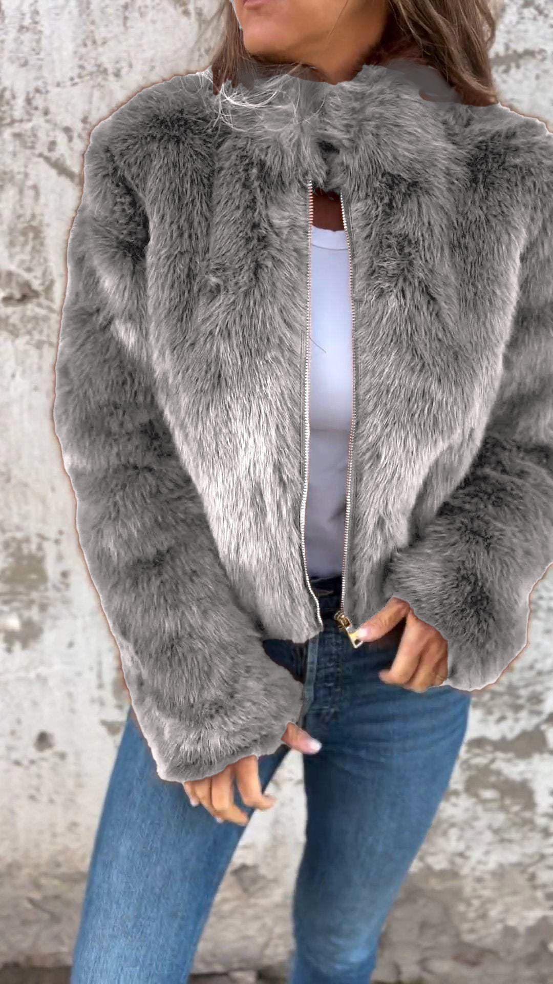 Veste décontractée zippée en fausse fourrure à col montant pour femme