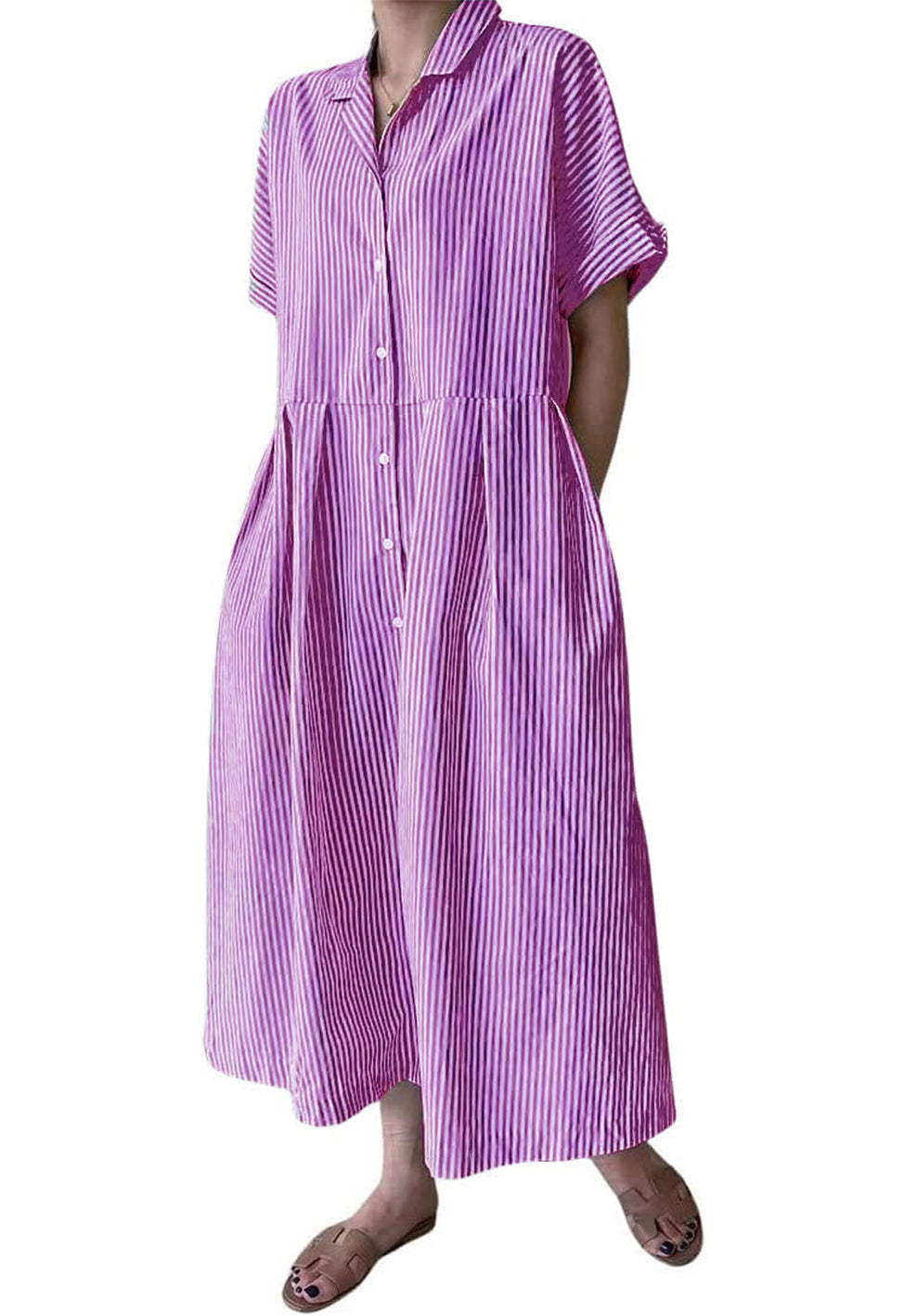 Robe chemise longue mi-longue en coton rayée à manches courtes avec poches pour femme (achetez 2, la livraison est gratuite)