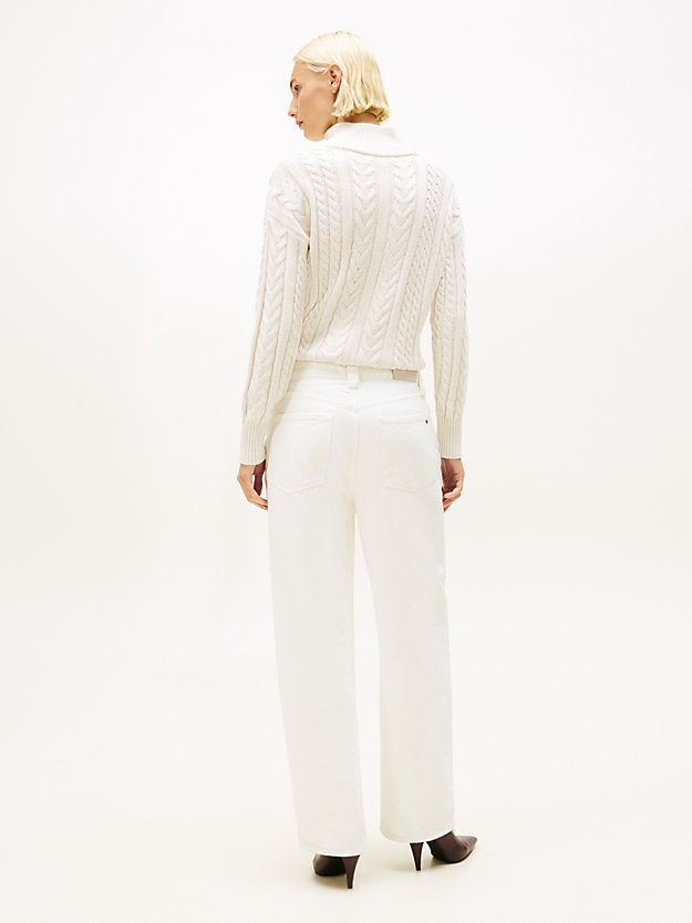 Mid Rise Tapered Barrel Leg White Jeans