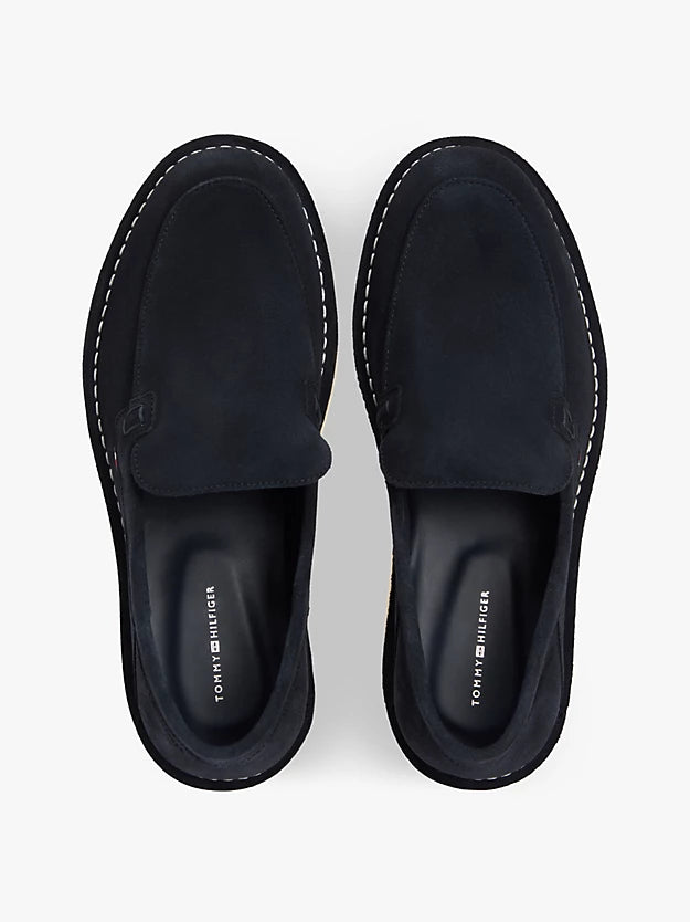 Debossed Logo Topstitch Suede Loafers