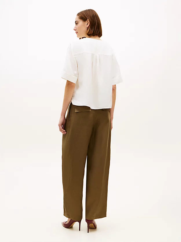 Relaxed Fit Linen Blend Short Sleeve Blouse