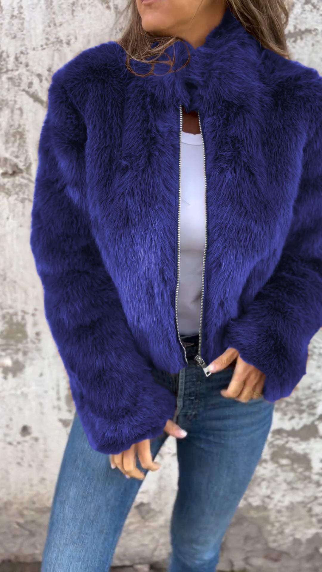 Veste décontractée zippée en fausse fourrure à col montant pour femme