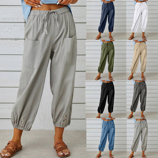 Damenhosen High-Waist-Hose mit Knopfleiste aus Baumwolle und Hanf Dreiviertelhose weites Bein