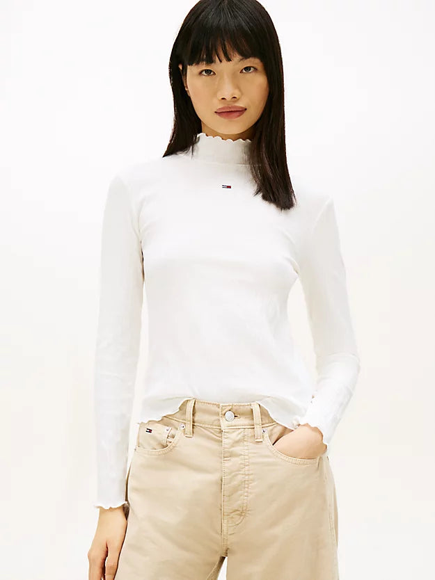 Ruffle Ribbed Slim Mock Neck Top