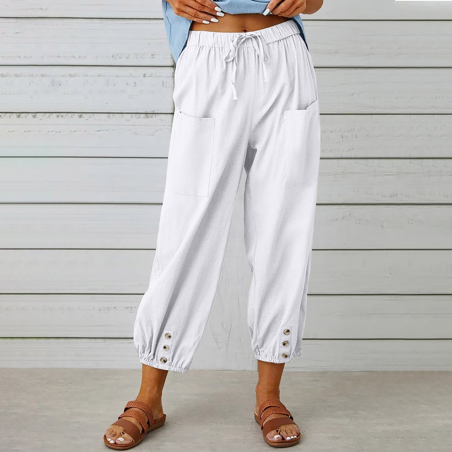 Damenhosen High-Waist-Hose mit Knopfleiste aus Baumwolle und Hanf Dreiviertelhose weites Bein
