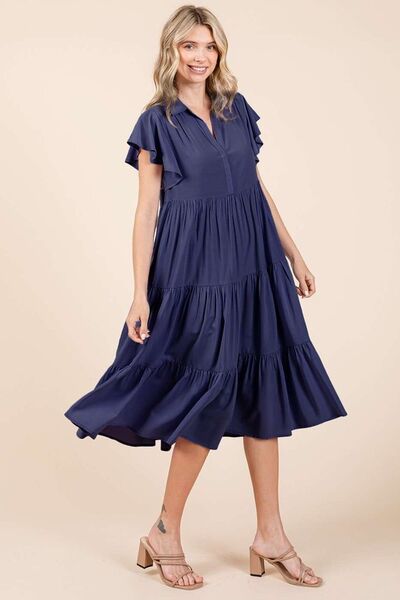 Robe midi étagée à col en V, manches volantées Mittoshop