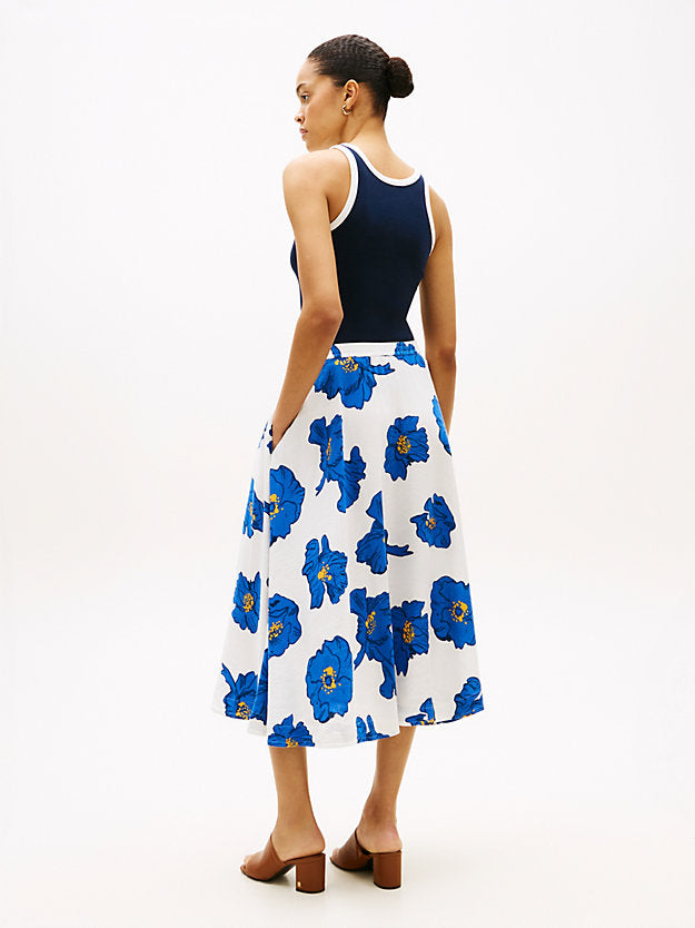 Pleated Linen Blend Midi A-Line Skirt
