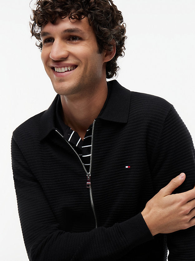 Textured Knit Zip-Thru Polo Cardigan