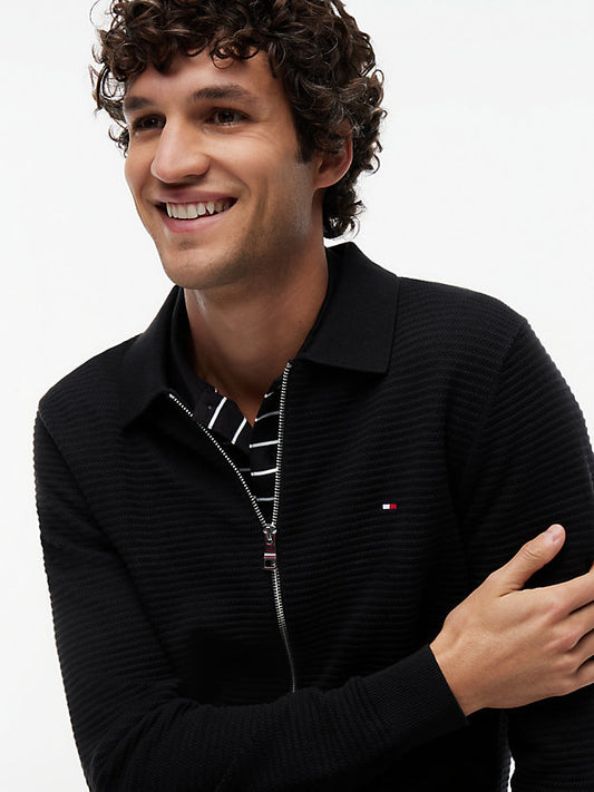 Textured Knit Zip-Thru Polo Cardigan