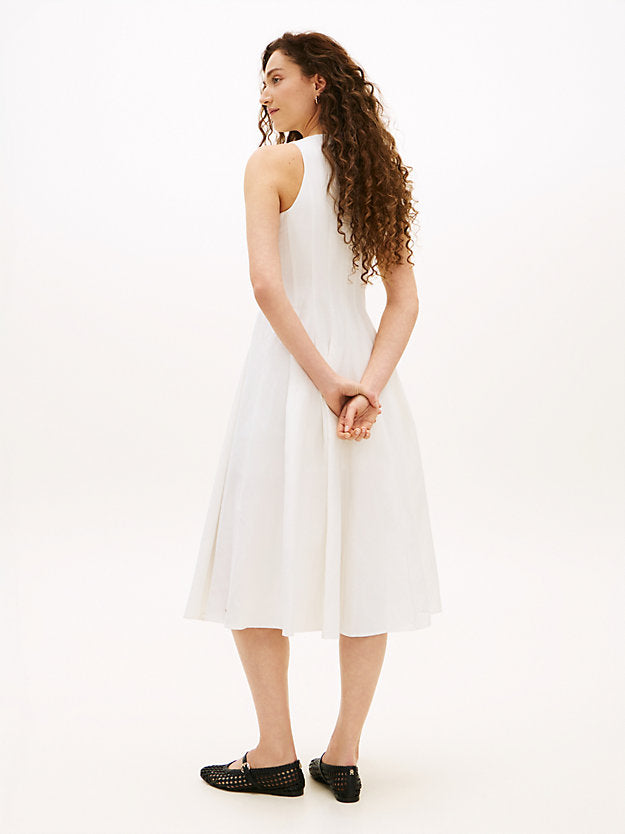 Gold-Tone Button Linen Blend Midi Dress