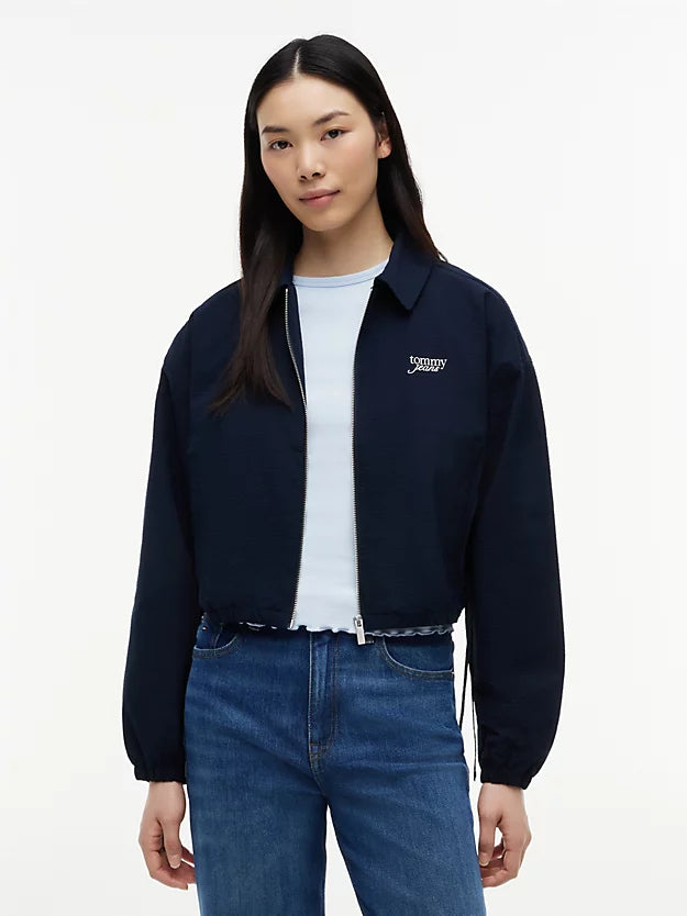 Seersucker Drawstring Hem Relaxed Coach Jacket